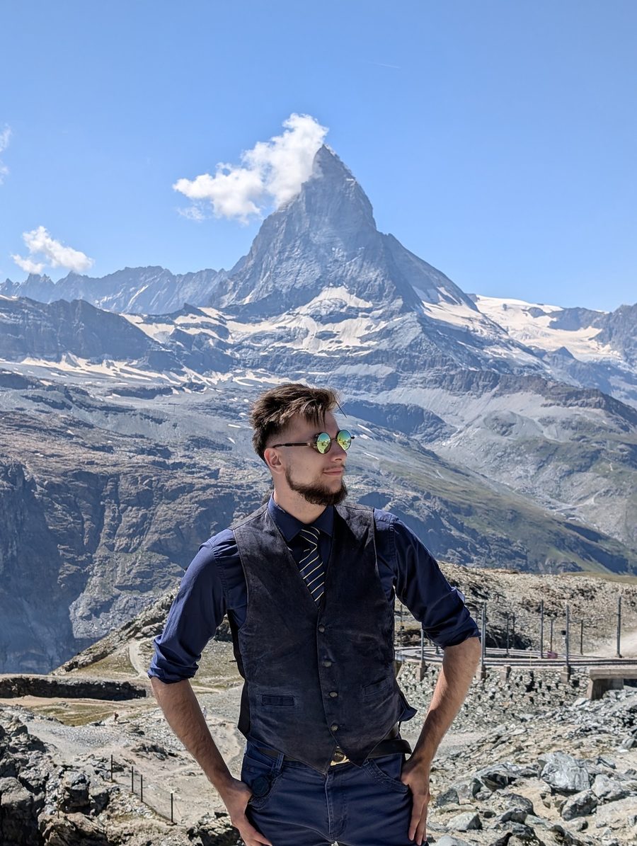 Vladyslav Zaiets in front of the Matterhorn, Switzerland